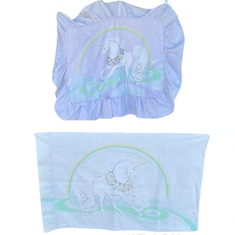 VTG Unicorn Rainbow Sears Young-At-Heart 4-Piece Ruffle Sham Pillowcase Set FLAW